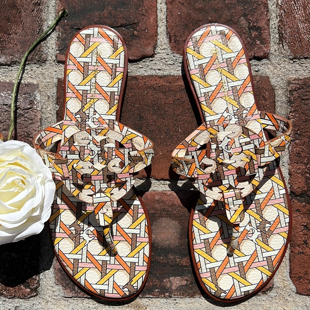 Tory Burch Size 8.5 Pink Caning Tumbled Leather Welt Miller Sandals - Picture 2 of 15